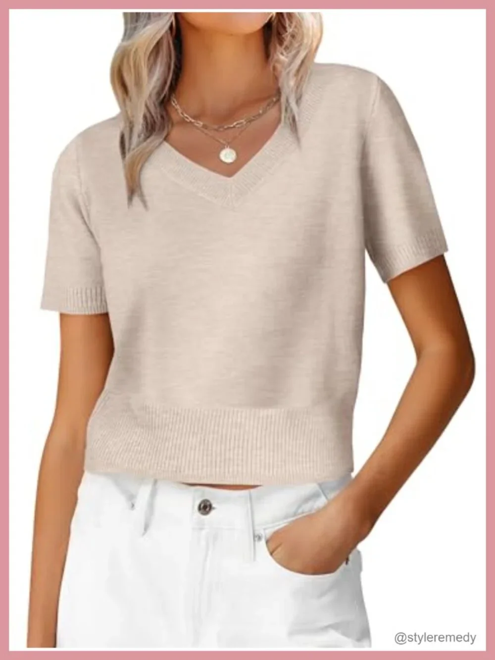 Short Sleeve V-Neck Cropped Ribbed Knit Sweater Pullover for Women Business